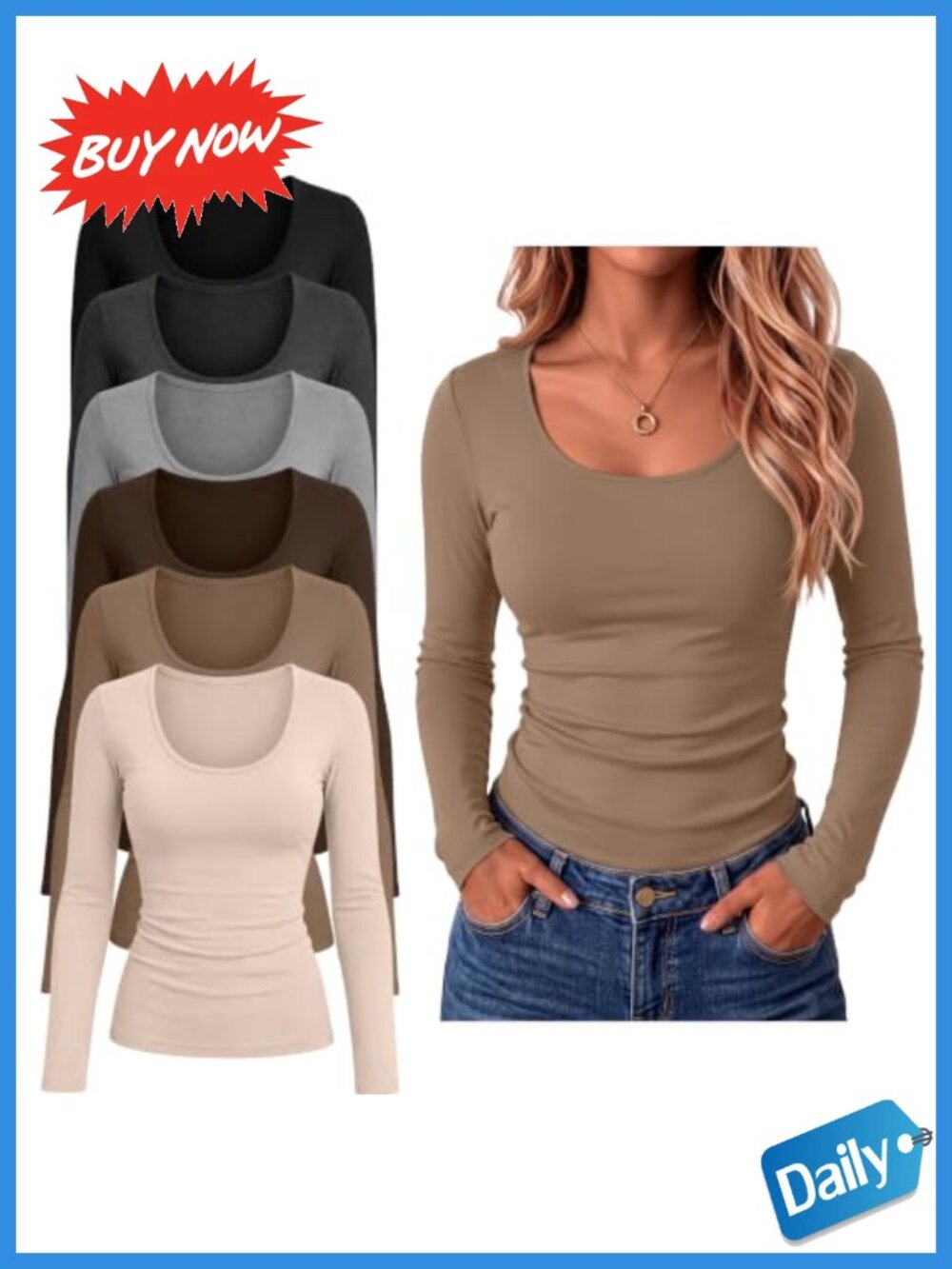 6 Pack Women's Long Sleeve Scoop Neck Thermal Tops Slim Fit Cotton Blend Tees